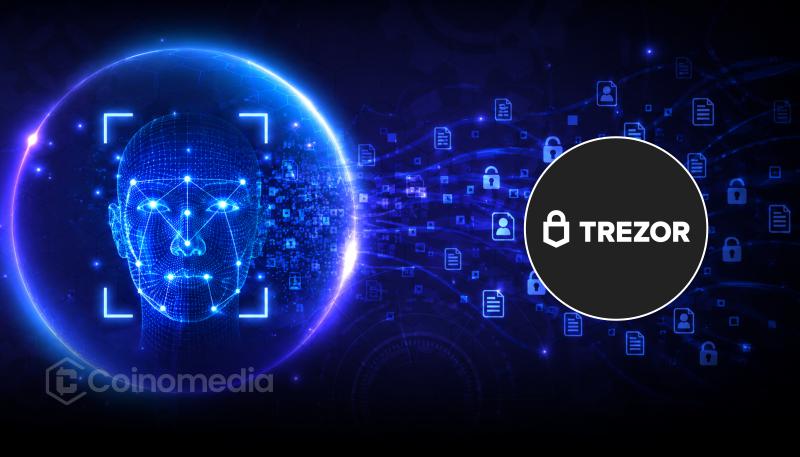 Illustration of a Trezor hardware wallet with cybersecurity warning symbols, highlighting a third-party shipping provider data breach that exposed customer information while wallet systems remained secure.