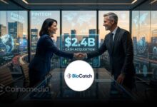 Illustration of Visa and BioCatch connected through AI-powered cybersecurity technology, representing Visa's $2.4 billion acquisition of the fraud prevention firm.