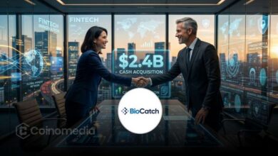Illustration of Visa and BioCatch connected through AI-powered cybersecurity technology, representing Visa's $2.4 billion acquisition of the fraud prevention firm.