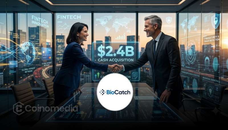 Illustration of Visa and BioCatch connected through AI-powered cybersecurity technology, representing Visa's $2.4 billion acquisition of the fraud prevention firm.