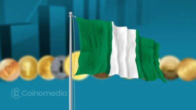 Illustration of cryptocurrency coins alongside Nigeria's flag and tax documents, representing the country's new crypto tax guidelines covering profits, staking rewards, and airdrops.