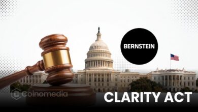 Illustration showing the CLARITY Act alongside ethics and stablecoin provisions, highlighting Bernstein's view that the concessions could increase Democratic support for the legislation.