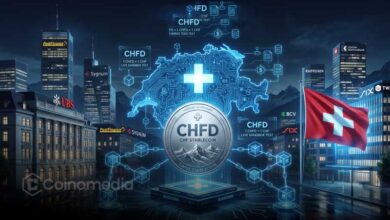 Illustration showing UBS and eight Swiss financial firms testing CHFD, a Swiss franc-backed stablecoin designed for digital payments and tokenized financial services.