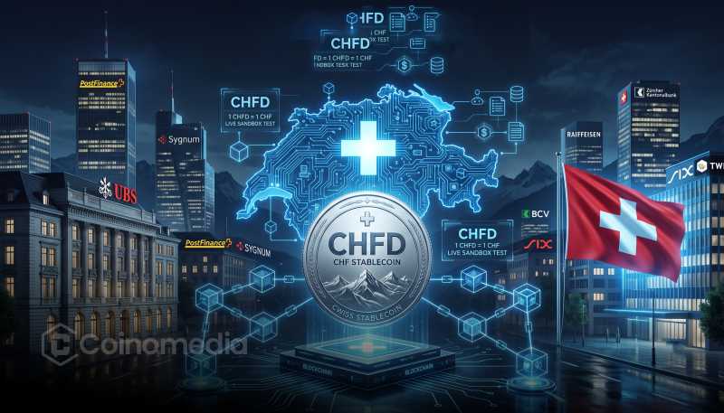 Illustration showing UBS and eight Swiss financial firms testing CHFD, a Swiss franc-backed stablecoin designed for digital payments and tokenized financial services.
