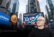Illustration showing Coinbase CEO Brian Armstrong discussing the future of U.S. crypto regulation, highlighting the role of SEC and CFTC rulemaking if the Clarity Act does not advance.