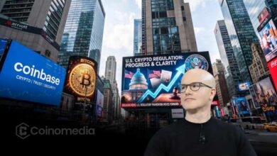 Illustration showing Coinbase CEO Brian Armstrong discussing the future of U.S. crypto regulation, highlighting the role of SEC and CFTC rulemaking if the Clarity Act does not advance.