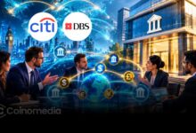 Illustration showing DBS and Citi enabling instant 24/7 cross-border U.S. dollar payments using tokenized deposits on Swift's blockchain-based ledger, highlighting the evolution of blockchain-powered banking.