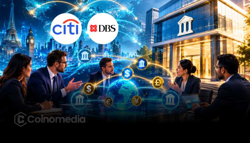Illustration showing DBS and Citi enabling instant 24/7 cross-border U.S. dollar payments using tokenized deposits on Swift's blockchain-based ledger, highlighting the evolution of blockchain-powered banking.
