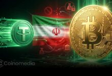 Illustration showing Iran using Bitcoin and Tether for cross-border trade after reportedly easing currency controls amid ongoing U.S. sanctions and trade restrictions.