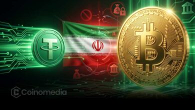 Illustration showing Iran using Bitcoin and Tether for cross-border trade after reportedly easing currency controls amid ongoing U.S. sanctions and trade restrictions.