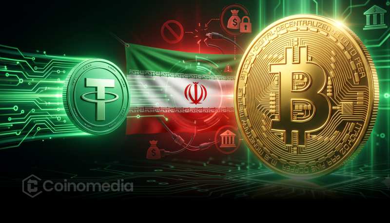 Illustration showing Iran using Bitcoin and Tether for cross-border trade after reportedly easing currency controls amid ongoing U.S. sanctions and trade restrictions.