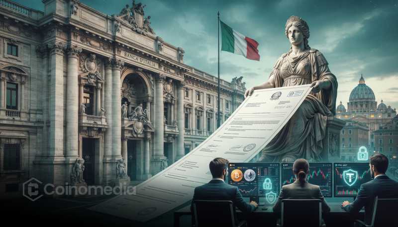 Illustration showing Italy's central bank introducing mandatory sanctions screening for every cryptocurrency transfer, highlighting stricter AML and compliance requirements for digital asset transactions.