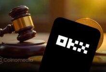 Illustration of the OKX logo with compliance and security elements, highlighting the exchange's AML policy, enhanced risk reviews, and potential service termination for accounts involved in high-risk or illegal activities.
