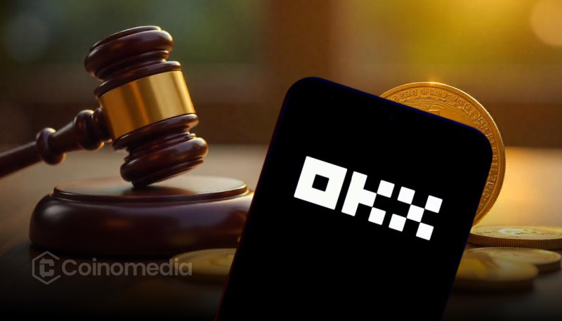 Illustration of the OKX logo with compliance and security elements, highlighting the exchange's AML policy, enhanced risk reviews, and potential service termination for accounts involved in high-risk or illegal activities.