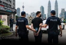 Illustration depicting the Singapore crypto heist case in which six Malaysian men were sentenced over a S$4.9 million armed robbery involving cryptocurrency, cash, and luxury items.