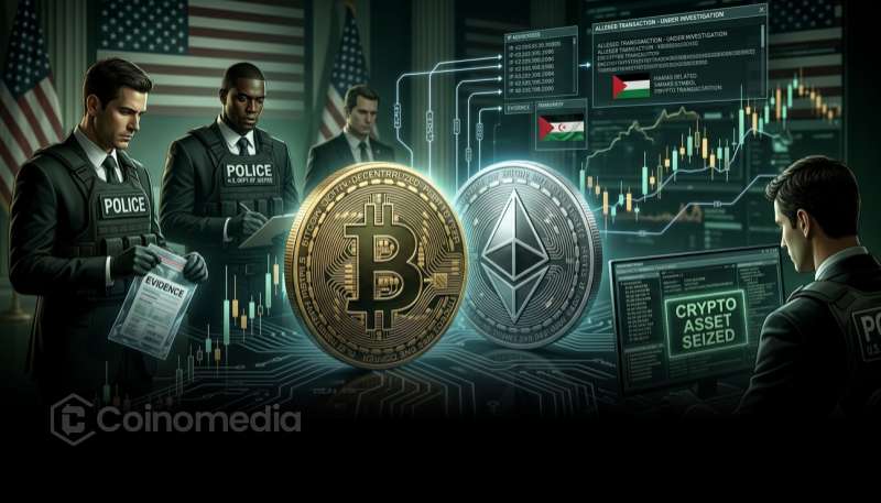 llustration showing the U.S. Department of Justice seizing $560,000 in cryptocurrency and dismantling online infrastructure allegedly used by Hamas for fundraising and recruitment.