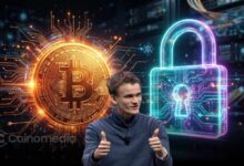 Illustration showing Ethereum co-founder Vitalik Buterin commenting on AI and Bitcoin security, rejecting claims that artificial intelligence could significantly undermine the Bitcoin network and cause a major price crash.