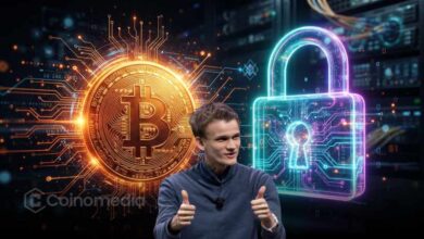 Illustration showing Ethereum co-founder Vitalik Buterin commenting on AI and Bitcoin security, rejecting claims that artificial intelligence could significantly undermine the Bitcoin network and cause a major price crash.