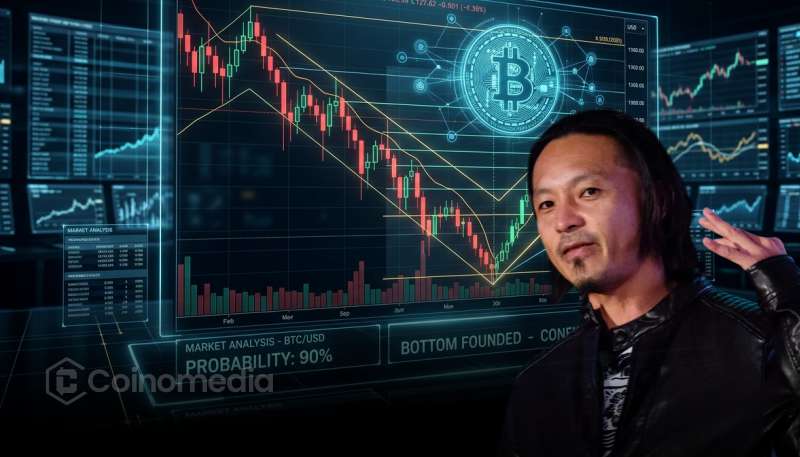 Illustration showing Bitcoin emerging from a market bottom, highlighting Willy Woo's view that there is a 90% probability the bottom is in, supported by returning long-term investor liquidity and an early bull market structure.