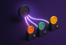 A privacy coin splitting into three light streams that land in separate wallets as different coins