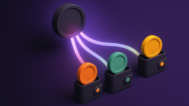 A privacy coin splitting into three light streams that land in separate wallets as different coins