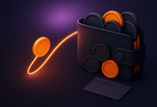 An orange coin flowing along a light path into a wallet of privacy coins, with an ID card set aside