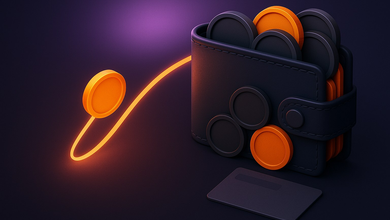 An orange coin flowing along a light path into a wallet of privacy coins, with an ID card set aside