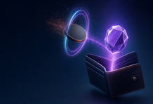 A dark privacy coin passing through a ring of light and becoming a violet crystal-shaped coin above a wallet