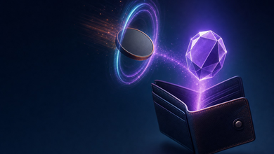 A dark privacy coin passing through a ring of light and becoming a violet crystal-shaped coin above a wallet