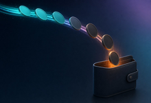 A teal coin flowing along a light trail and turning into a dark privacy coin that drops into a wallet