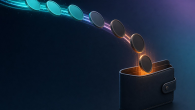 A teal coin flowing along a light trail and turning into a dark privacy coin that drops into a wallet