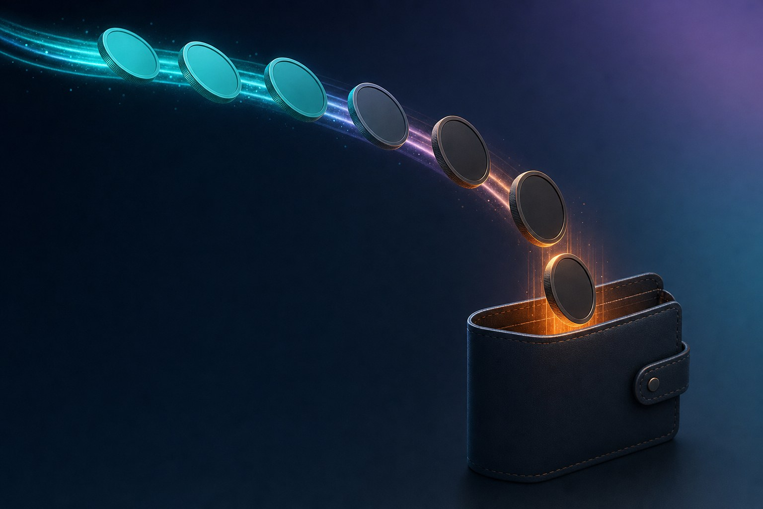 A teal coin flowing along a light trail and turning into a dark privacy coin that drops into a wallet