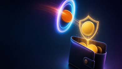 An orange coin passing through a ring of light and coming out as a gold coin with a soft shield glow, dropping into a wallet