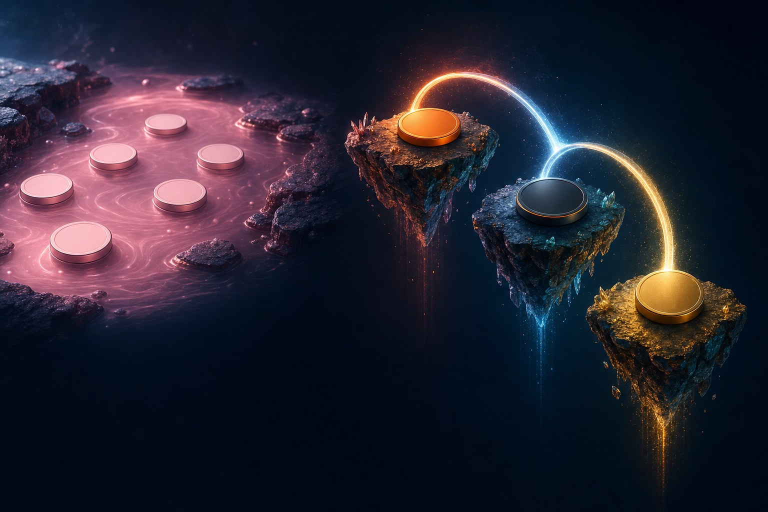 A calm pink token pool on one side and a glowing bridge linking orange, charcoal and gold coins on the other