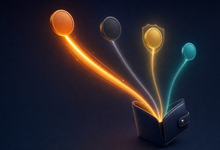 Four glowing paths leading from a wallet to four different coins, the first path brightest